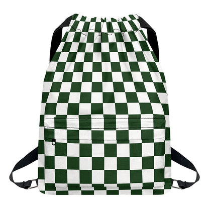 Forest Green And White Checkered Print Drawstring Backpack