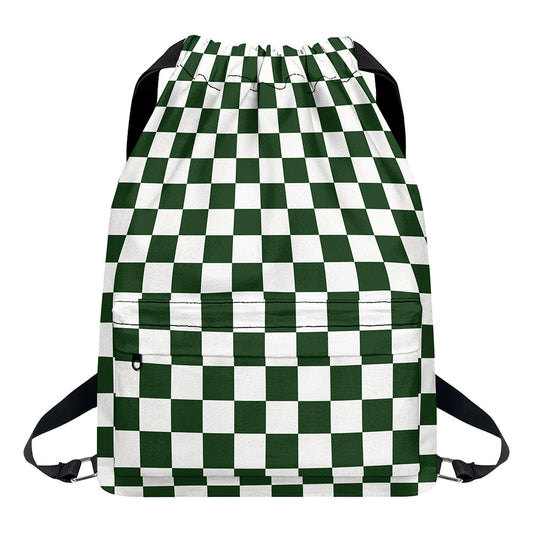 Forest Green And White Checkered Print Drawstring Backpack