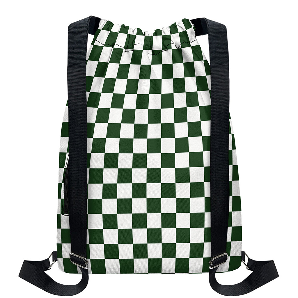 Forest Green And White Checkered Print Drawstring Backpack