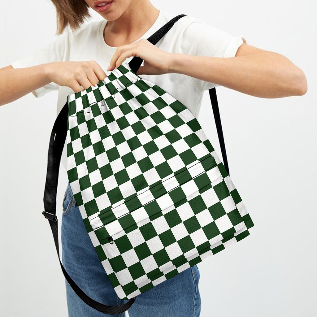Forest Green And White Checkered Print Drawstring Backpack