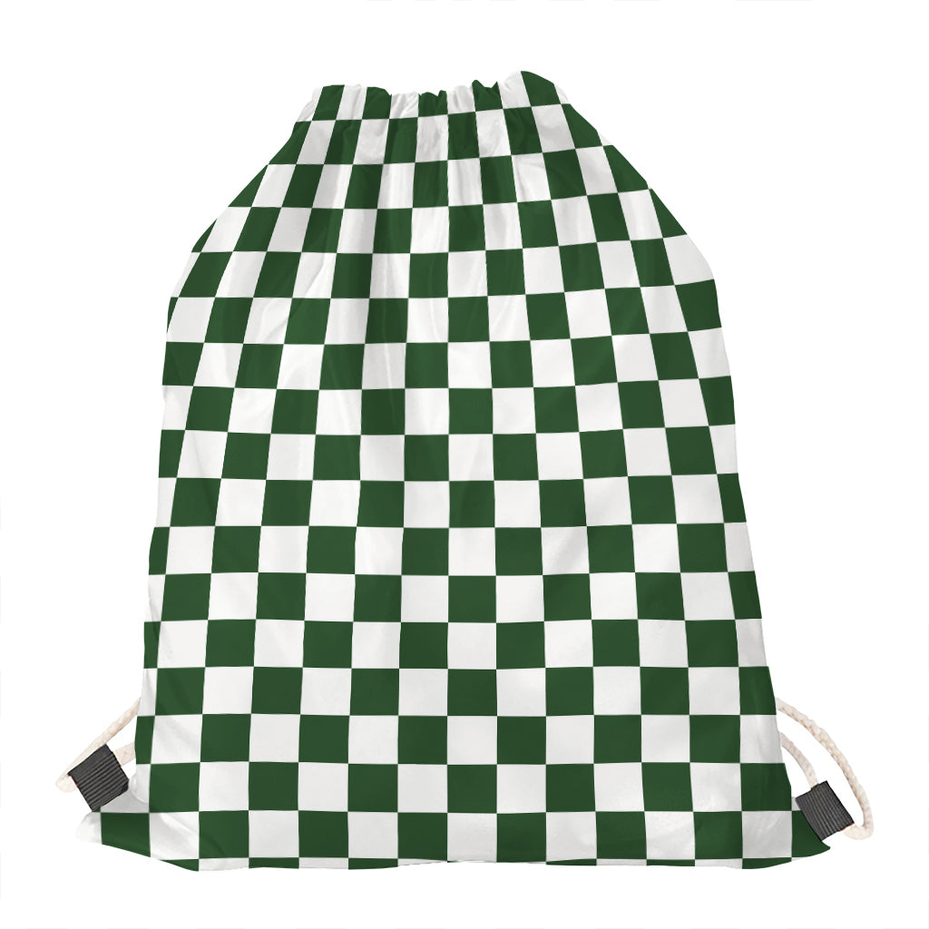 Forest Green And White Checkered Print Drawstring Bag
