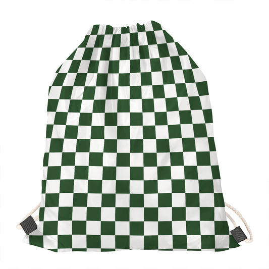 Forest Green And White Checkered Print Drawstring Bag