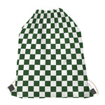 Forest Green And White Checkered Print Drawstring Bag
