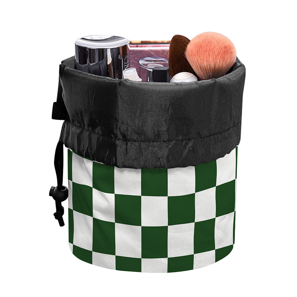 Forest Green And White Checkered Print Drawstring Makeup Bag
