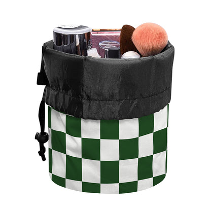 Forest Green And White Checkered Print Drawstring Makeup Bag