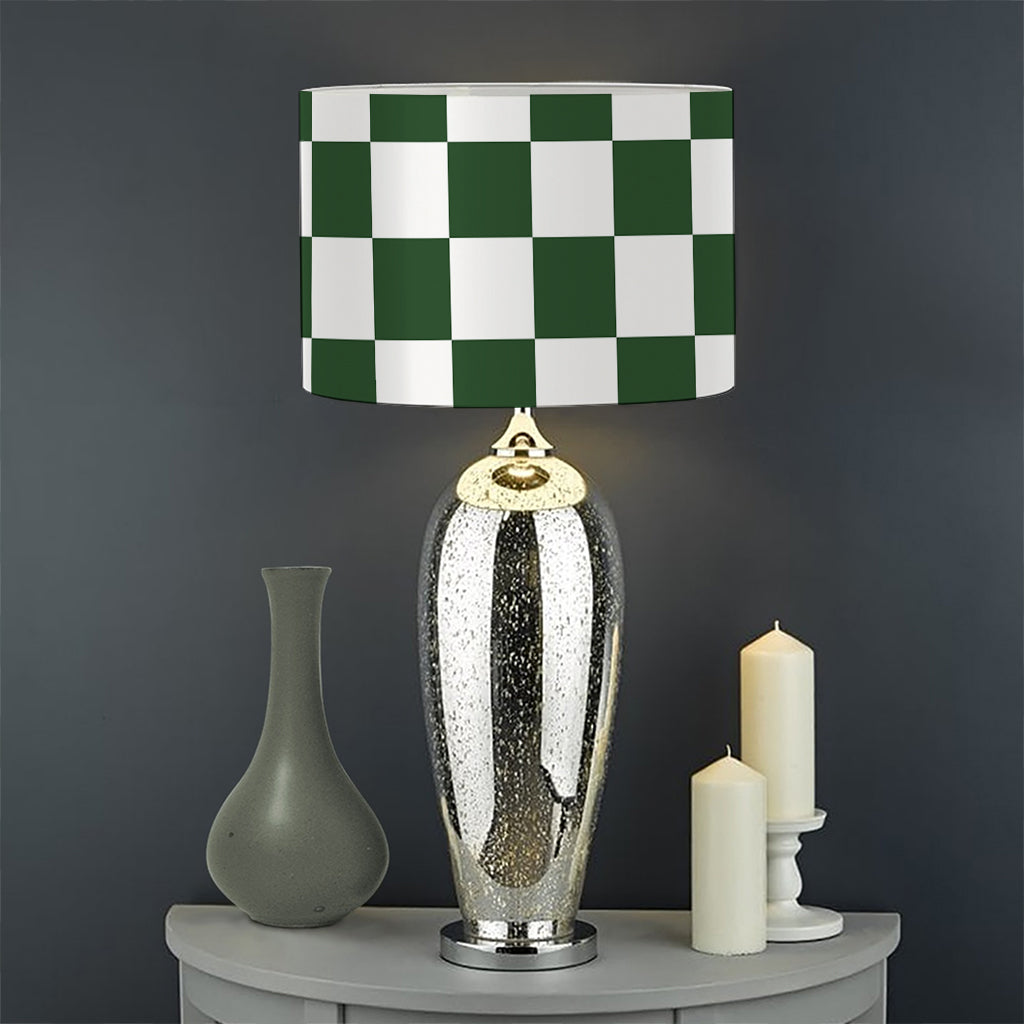 Forest Green And White Checkered Print Drum Lamp Shade