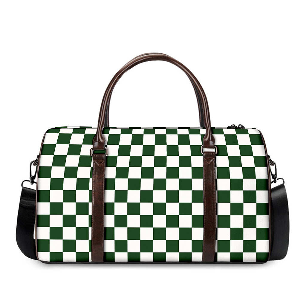 Forest Green And White Checkered Print Duffle Bag