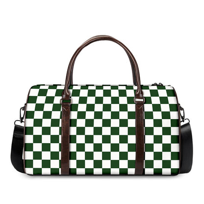 Forest Green And White Checkered Print Duffle Bag