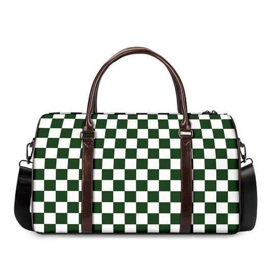 Forest Green And White Checkered Print Duffle Bag