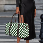 Forest Green And White Checkered Print Duffle Bag