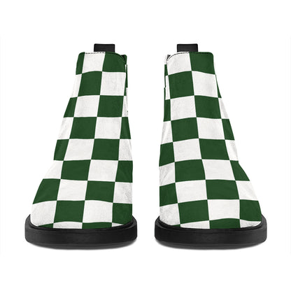 Forest Green And White Checkered Print Flat Ankle Boots