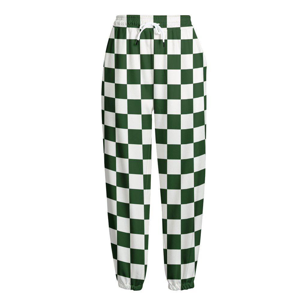 Forest Green And White Checkered Print Fleece Lined Knit Pants