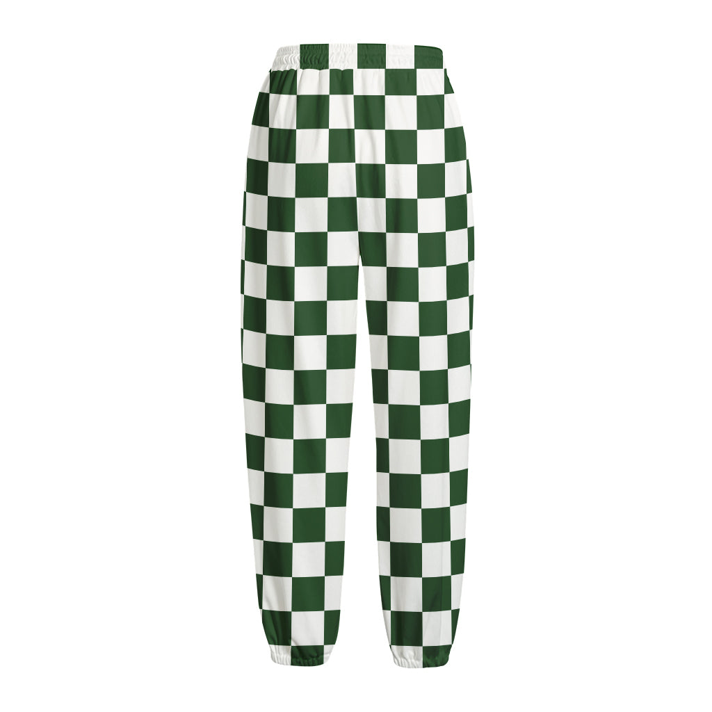 Forest Green And White Checkered Print Fleece Lined Knit Pants