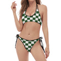 Forest Green And White Checkered Print Halter Scoop Tie Side Bikini