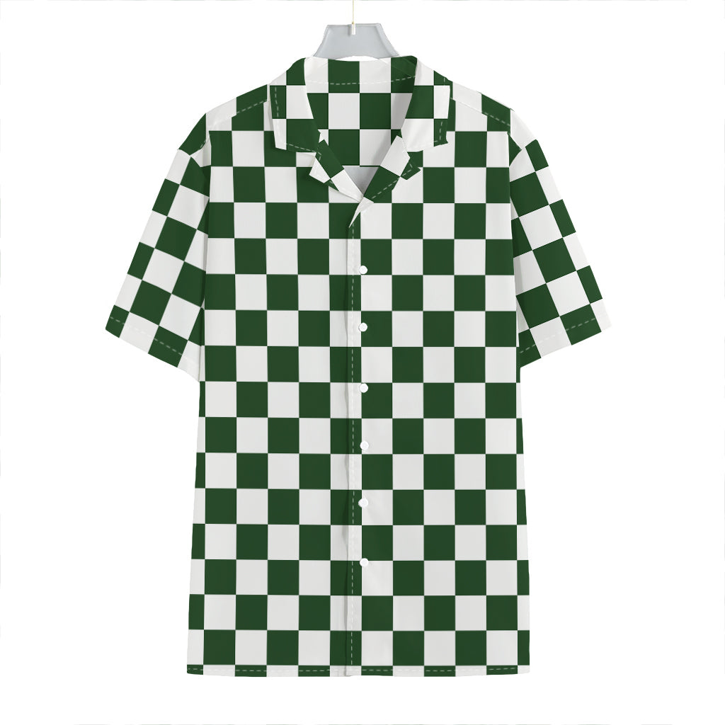 Forest Green And White Checkered Print Hawaiian Shirt