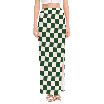 Forest Green And White Checkered Print High Slit Maxi Skirt
