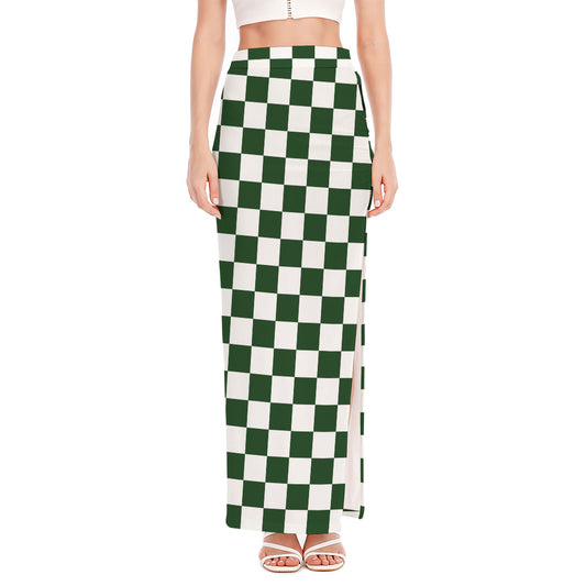 Forest Green And White Checkered Print High Slit Maxi Skirt
