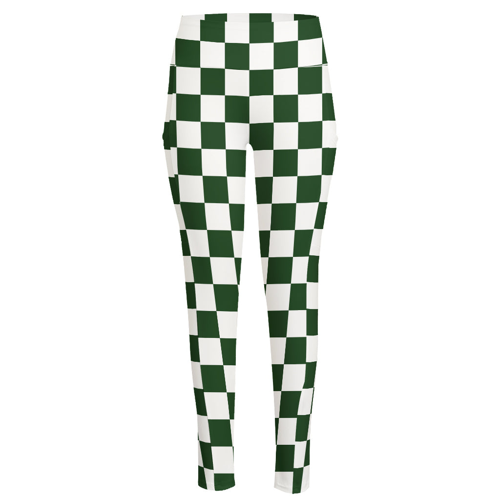 Forest Green And White Checkered Print High-Waisted Pocket Leggings