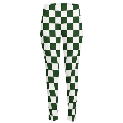 Forest Green And White Checkered Print High-Waisted Pocket Leggings