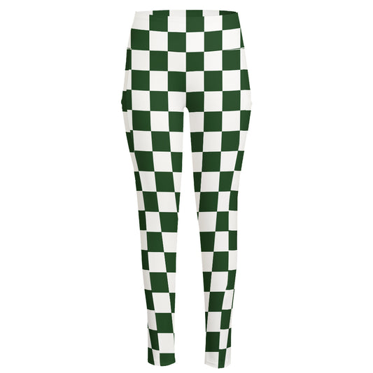 Forest Green And White Checkered Print High-Waisted Pocket Leggings