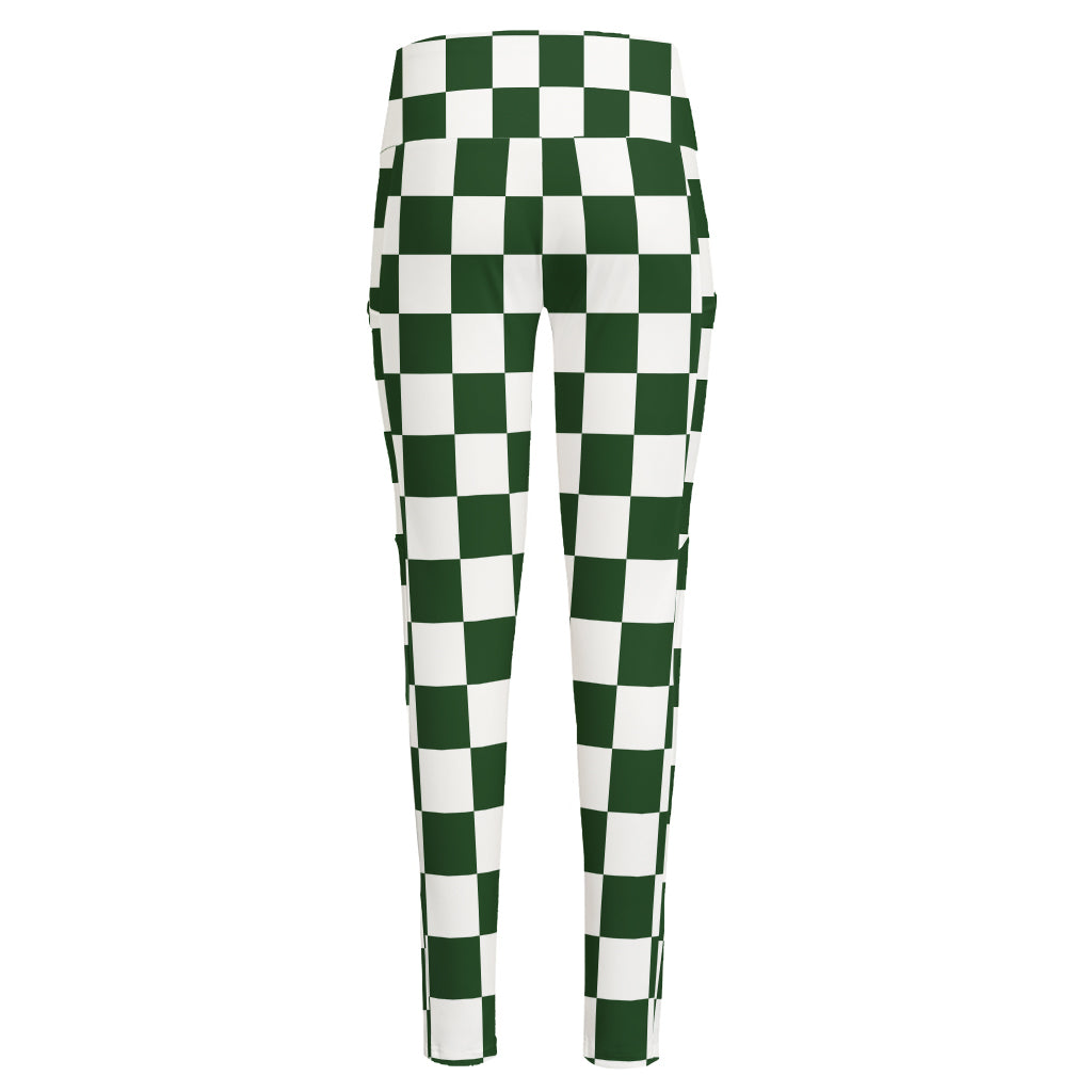 Forest Green And White Checkered Print High-Waisted Pocket Leggings