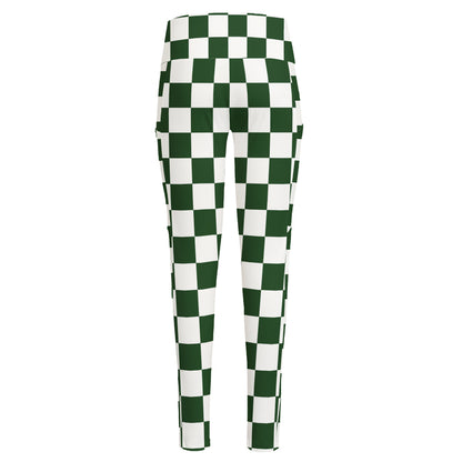Forest Green And White Checkered Print High-Waisted Pocket Leggings