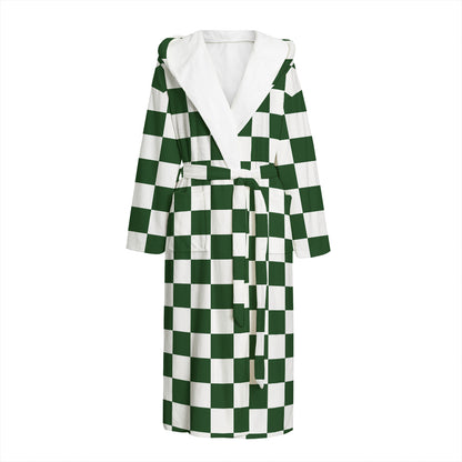Forest Green And White Checkered Print Hooded Bathrobe