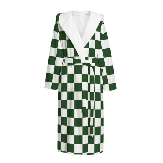 Forest Green And White Checkered Print Hooded Bathrobe