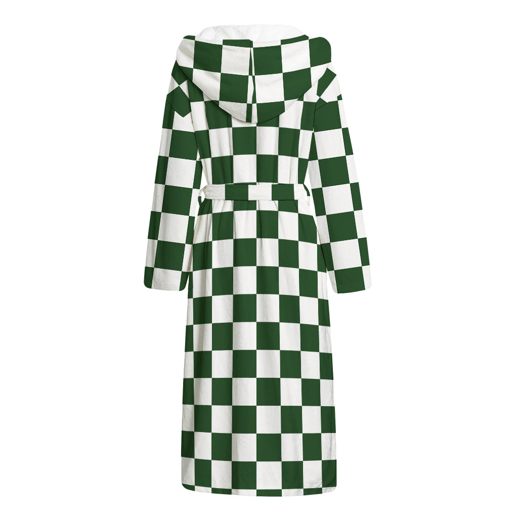Forest Green And White Checkered Print Hooded Bathrobe