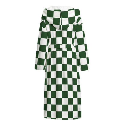 Forest Green And White Checkered Print Hooded Bathrobe