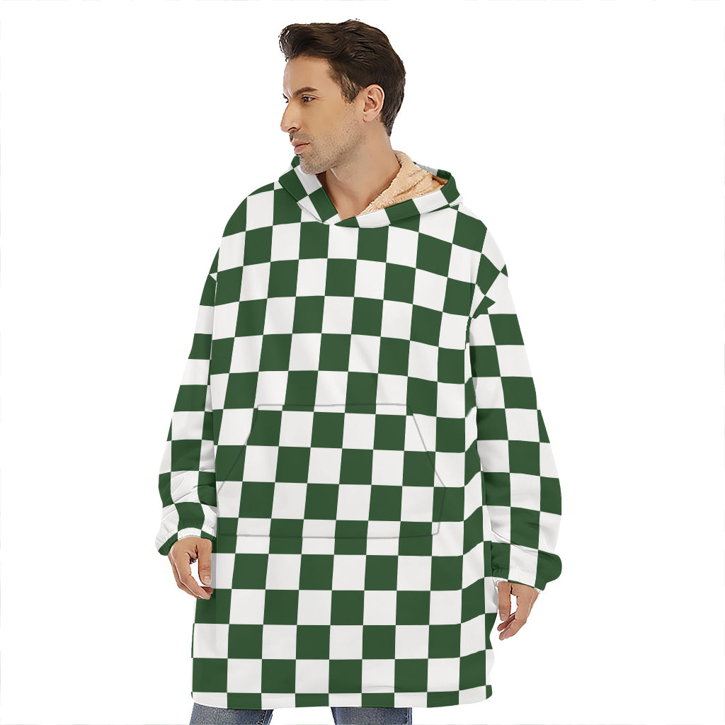 Forest Green And White Checkered Print Hoodie Blanket