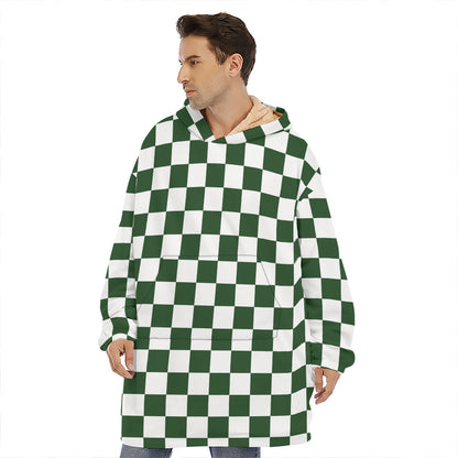 Forest Green And White Checkered Print Hoodie Blanket