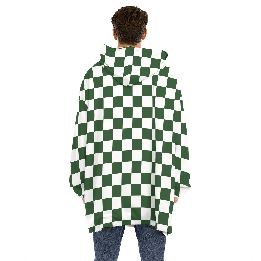 Forest Green And White Checkered Print Hoodie Blanket