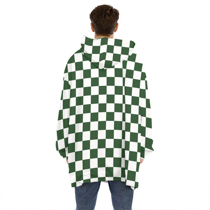 Forest Green And White Checkered Print Hoodie Blanket