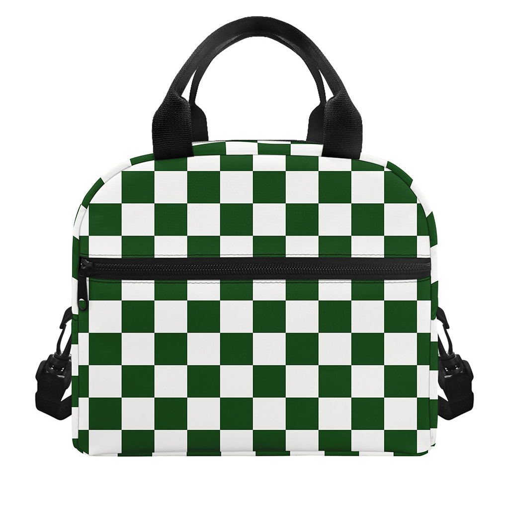 Forest Green And White Checkered Print Insulated Lunch Bag