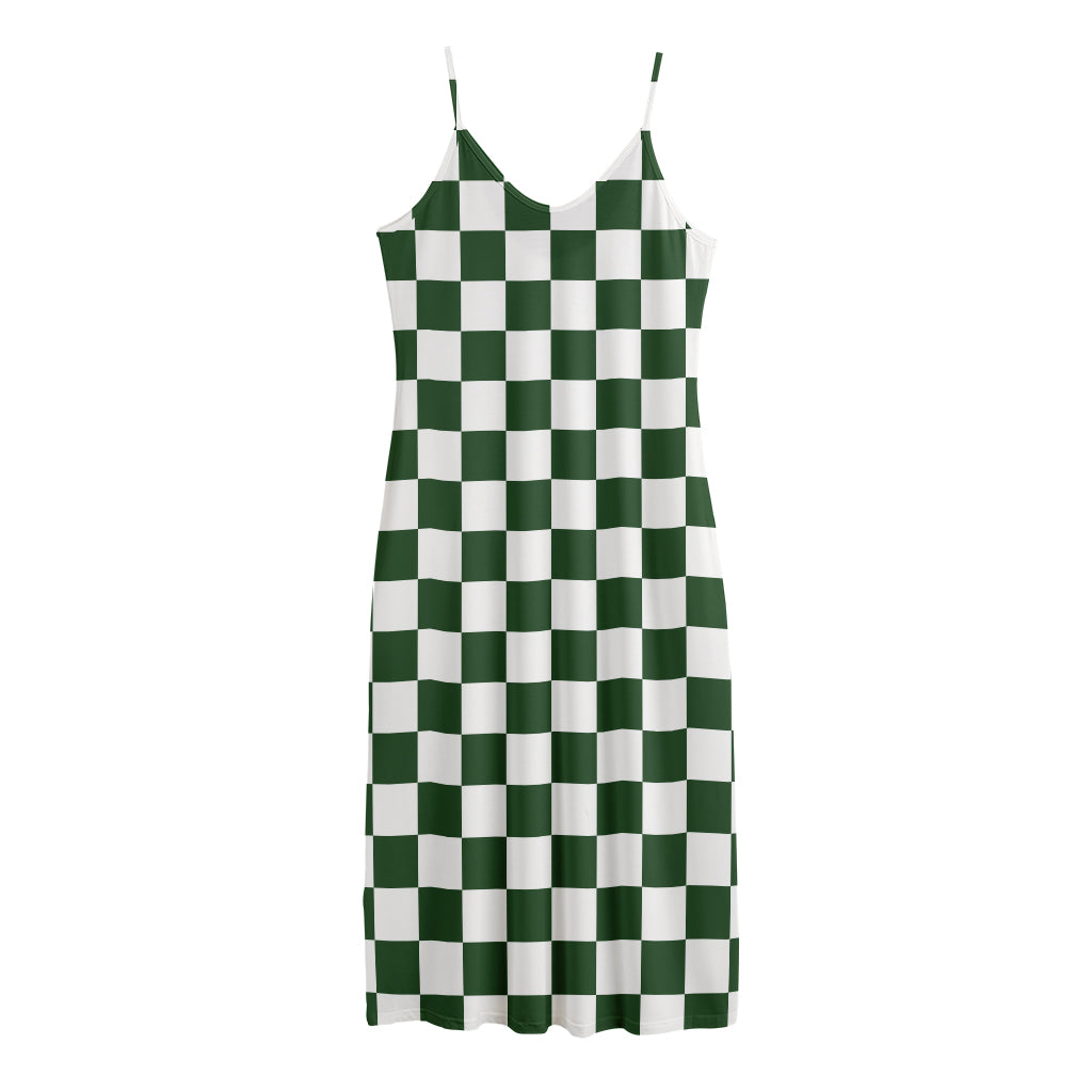 Forest Green And White Checkered Print Jersey Midi Cami Dress