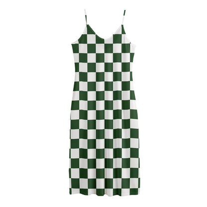 Forest Green And White Checkered Print Jersey Midi Cami Dress