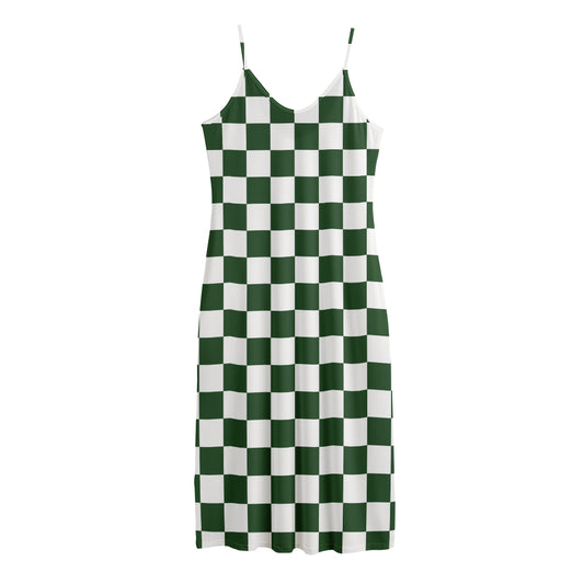 Forest Green And White Checkered Print Jersey Midi Cami Dress