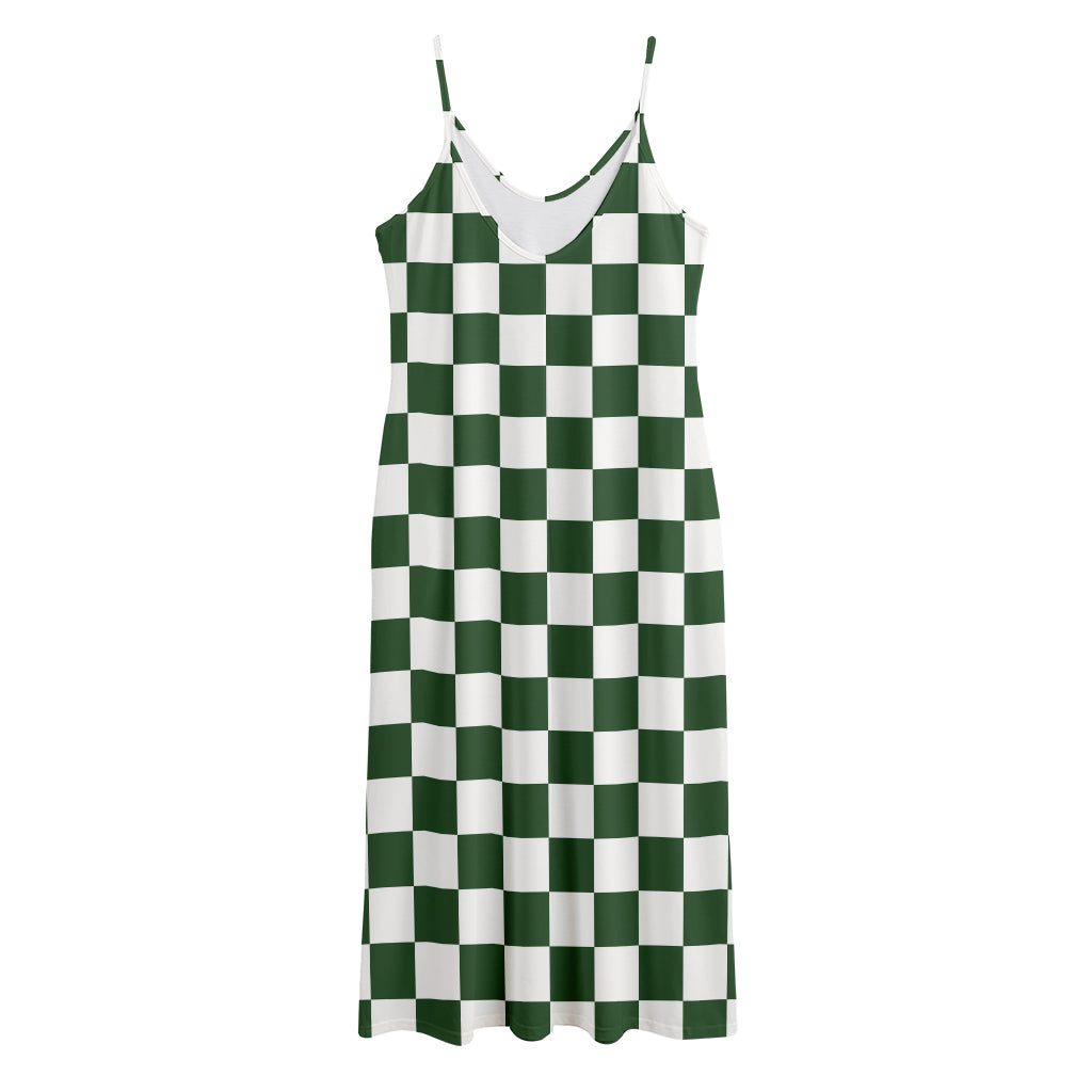 Forest Green And White Checkered Print Jersey Midi Cami Dress