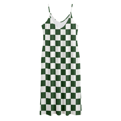 Forest Green And White Checkered Print Jersey Midi Cami Dress