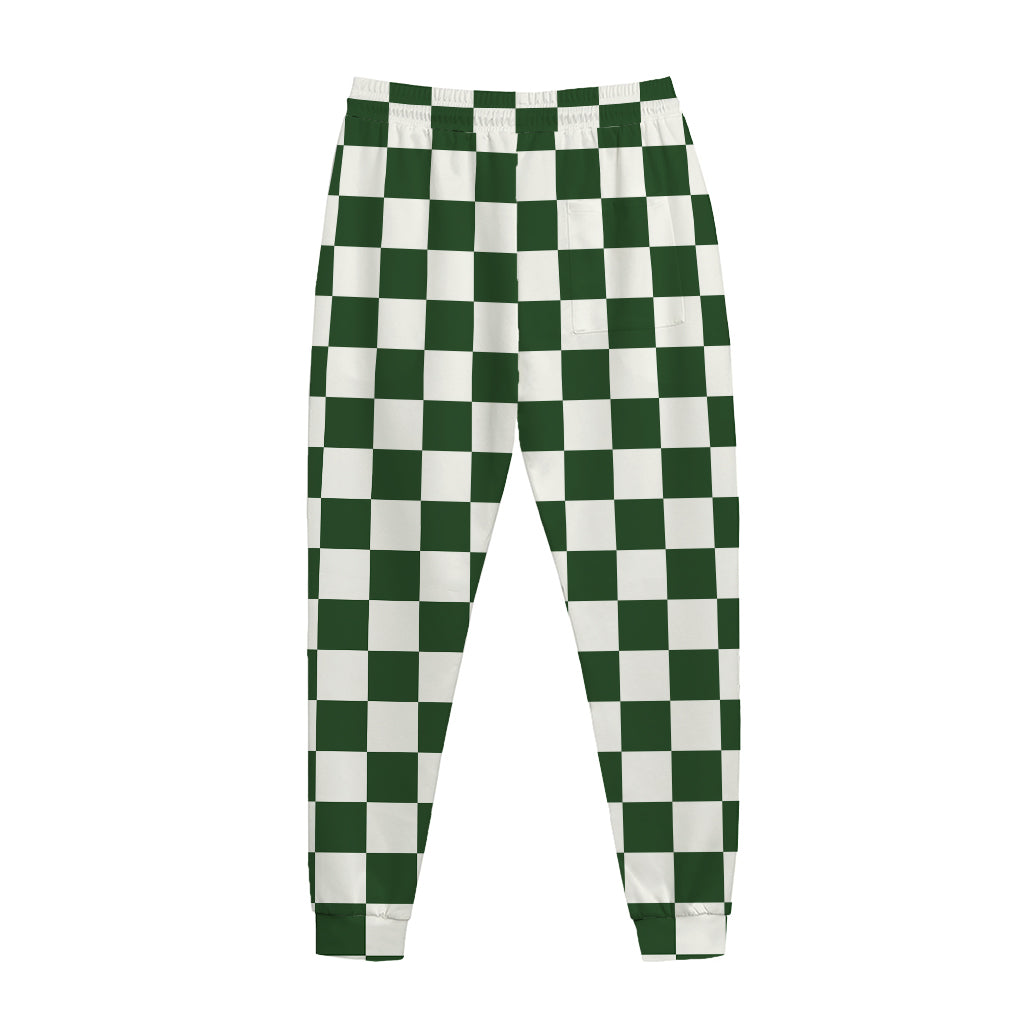 Forest Green And White Checkered Print Jogger Pants