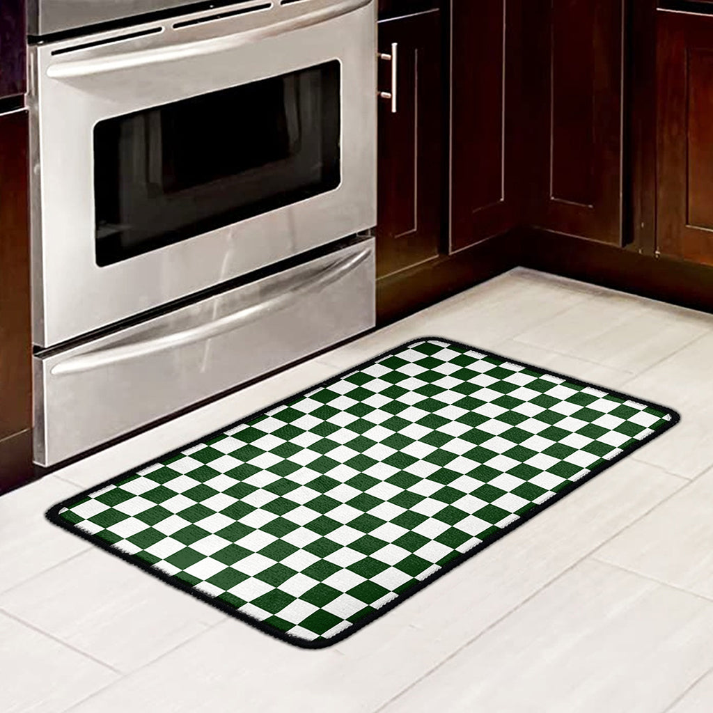 Forest Green And White Checkered Print Kitchen Mat