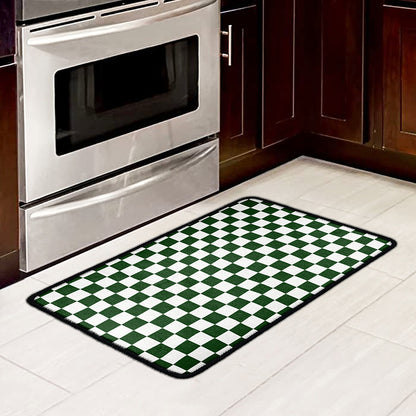 Forest Green And White Checkered Print Kitchen Mat