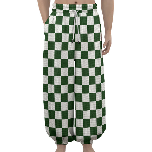 Forest Green And White Checkered Print Lantern Pants
