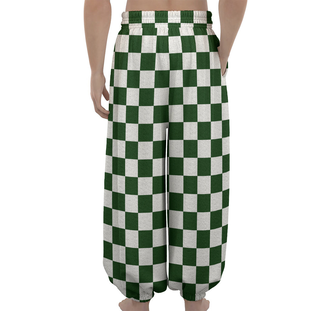 Forest Green And White Checkered Print Lantern Pants