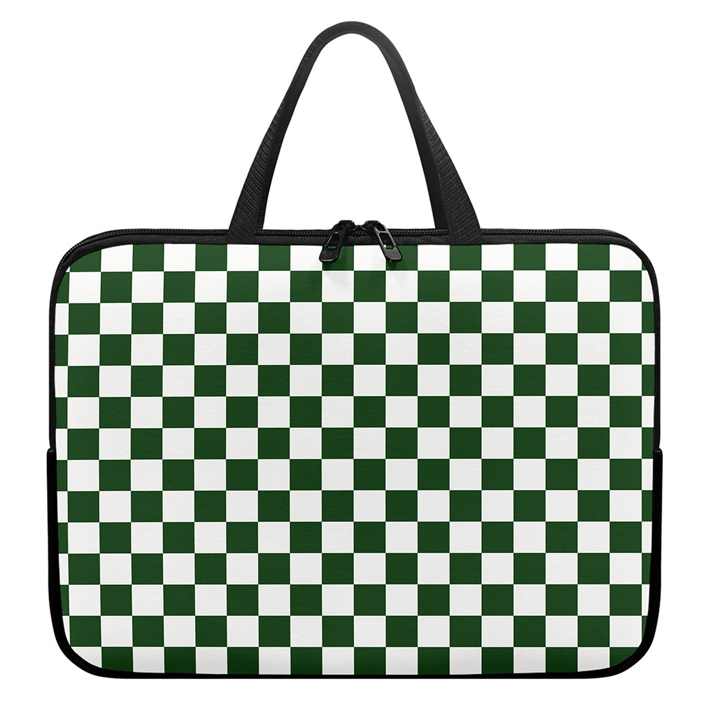 Forest Green And White Checkered Print Laptop Sleeve With Handle