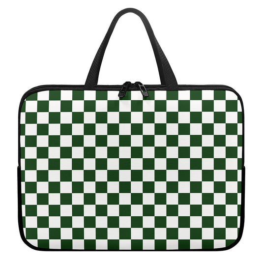 Forest Green And White Checkered Print Laptop Sleeve With Handle