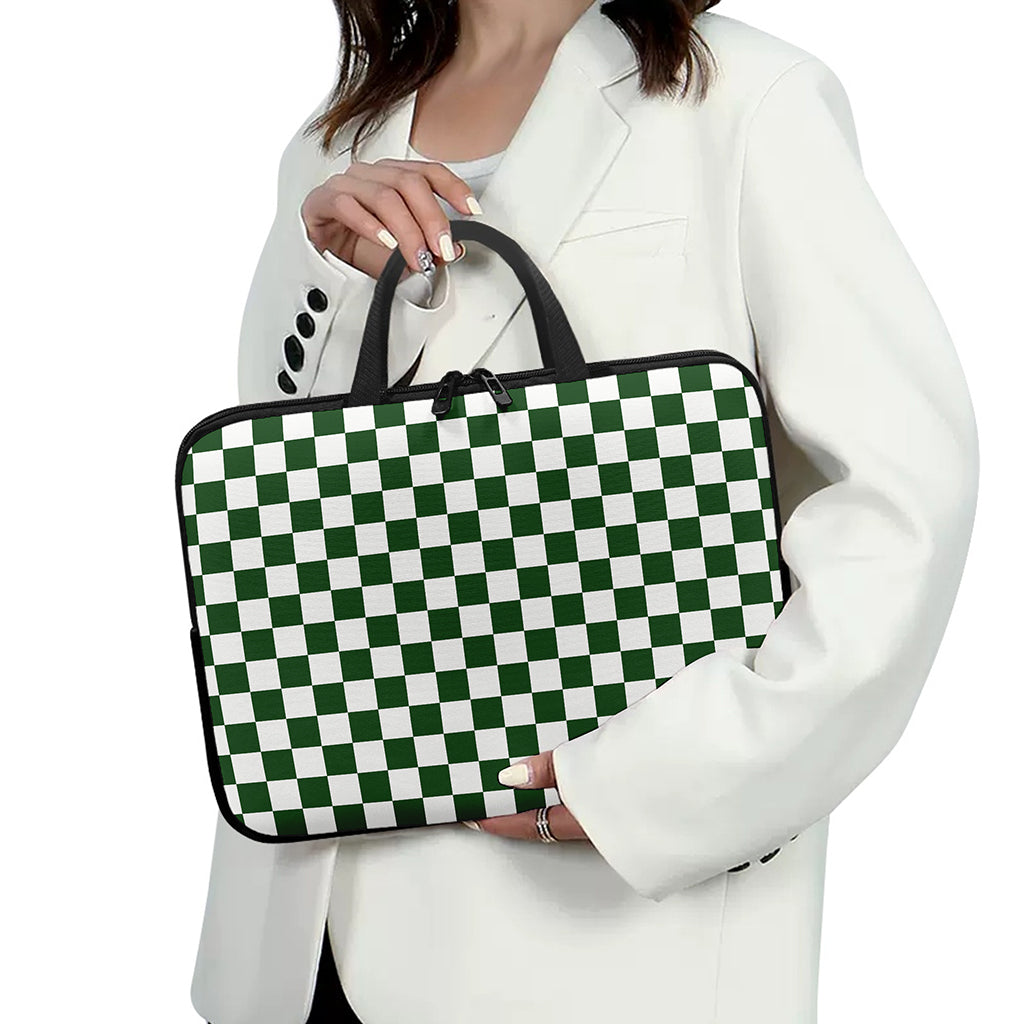Forest Green And White Checkered Print Laptop Sleeve With Handle