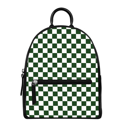 Forest Green And White Checkered Print Leather Backpack