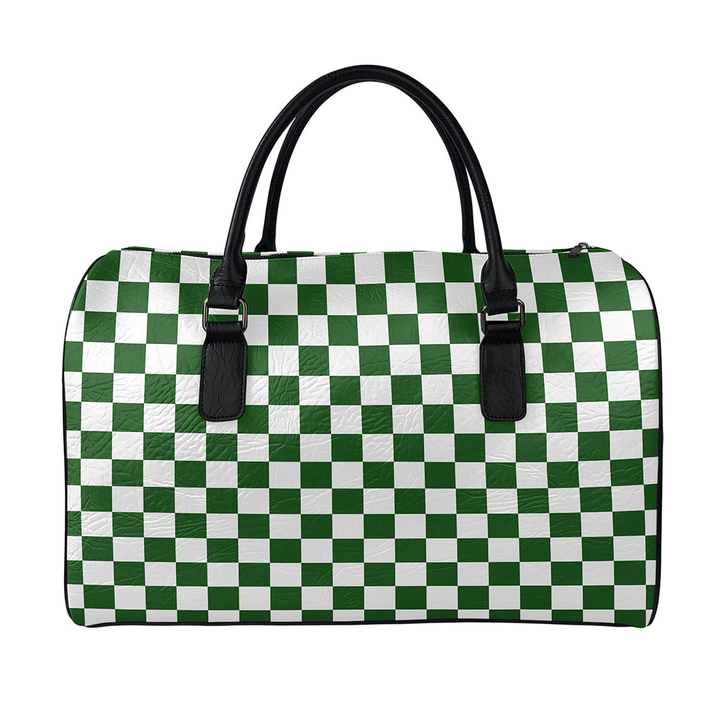Forest Green And White Checkered Print Leather Duffle Bag